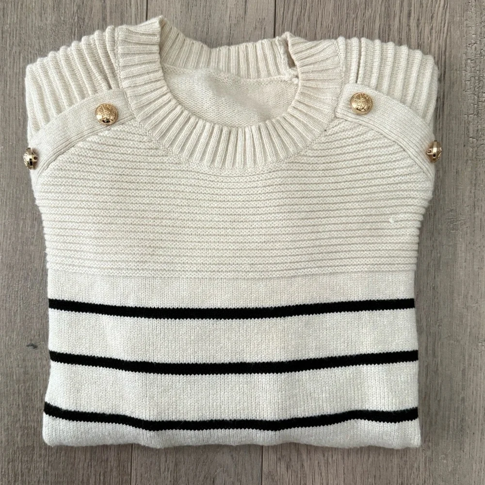Striped Cream and Black Striped Sweater with Gold Button Accent - Picture 7 of 7